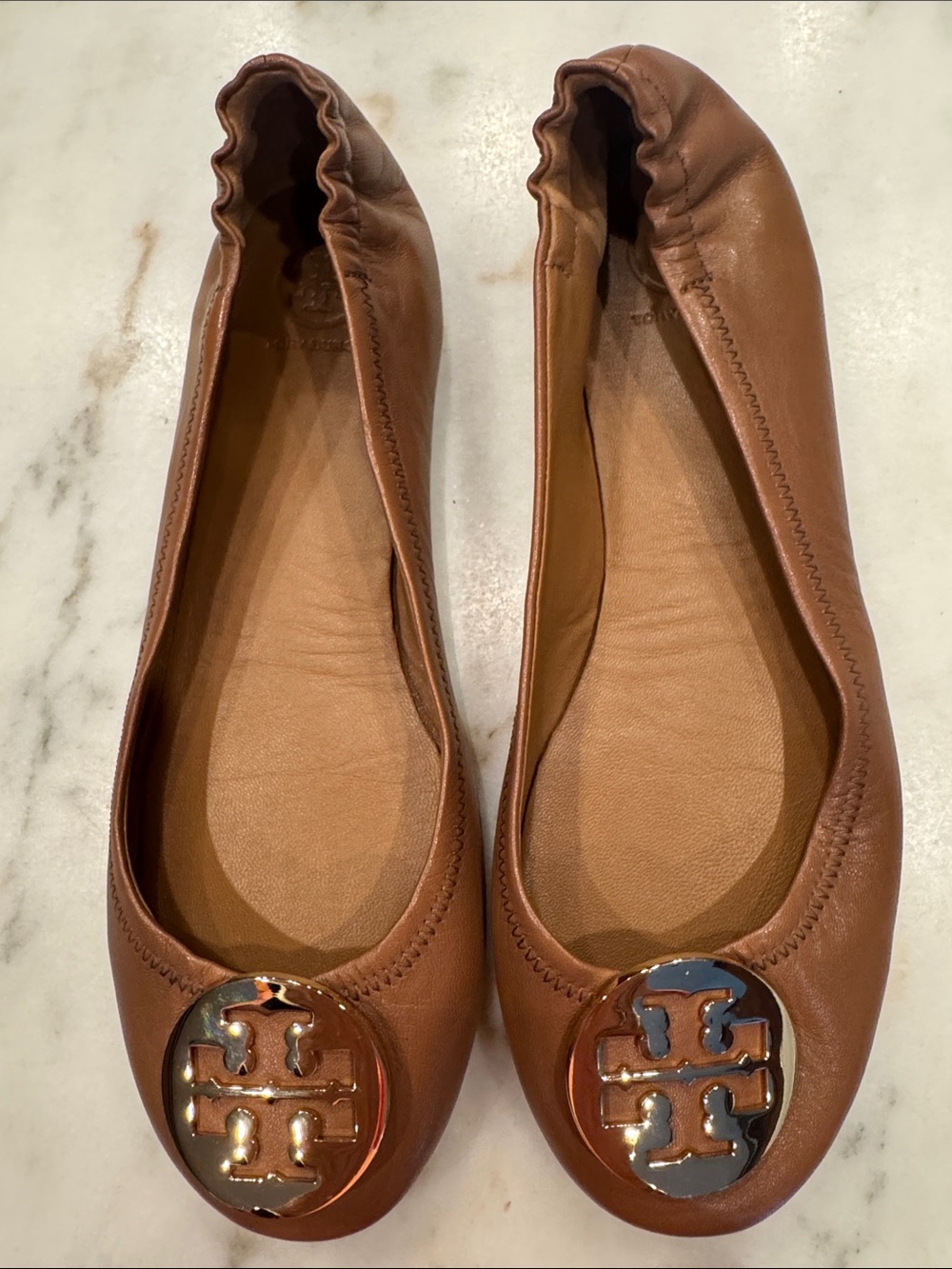 Tory Burch Chestnut/Brown Leather Logo Ballet Flats with Gold Emblems